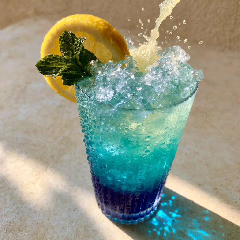 Sparkling lemonade being poured into a Blue Mocktail glass creating bubbles and a splash against a neutral background.