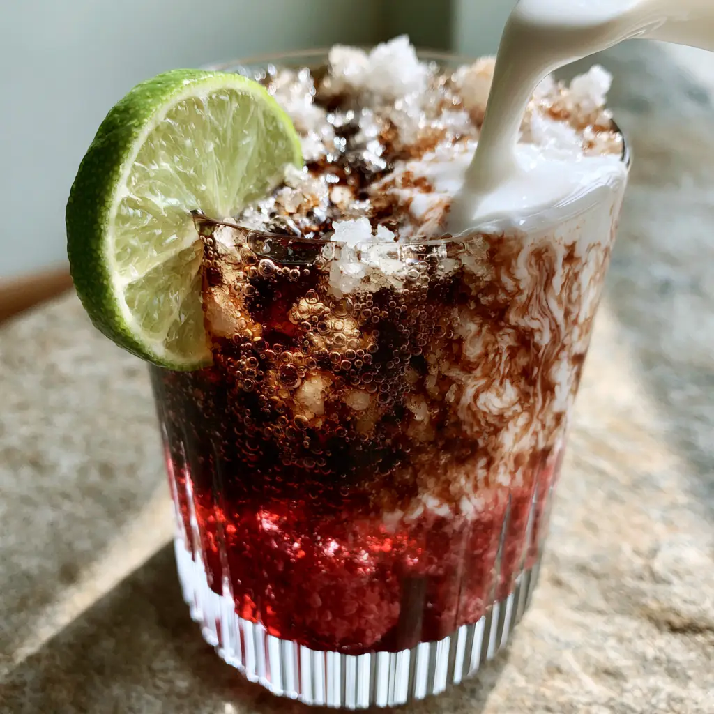 Raspberry Dream Dirty Soda showing the thick crimson raspberry syrup layer and green lime wheel pressed against the glass.