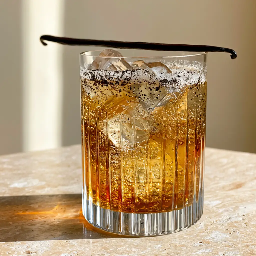 A close up smartphone photo of vanilla bourbon cream soda in a crystal glass on travertine. (vanilla bourbon cream soda)