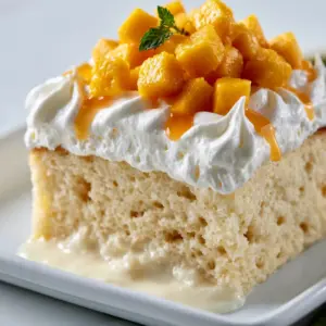 Macro cross-section of butter pecan tres leches cake on a white plate with visible milk soak pooling at the base.