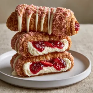 Close-up of crispy Strawberry shortcake cheesecake rolls with thick vanilla glaze and strawberry crumble pieces.