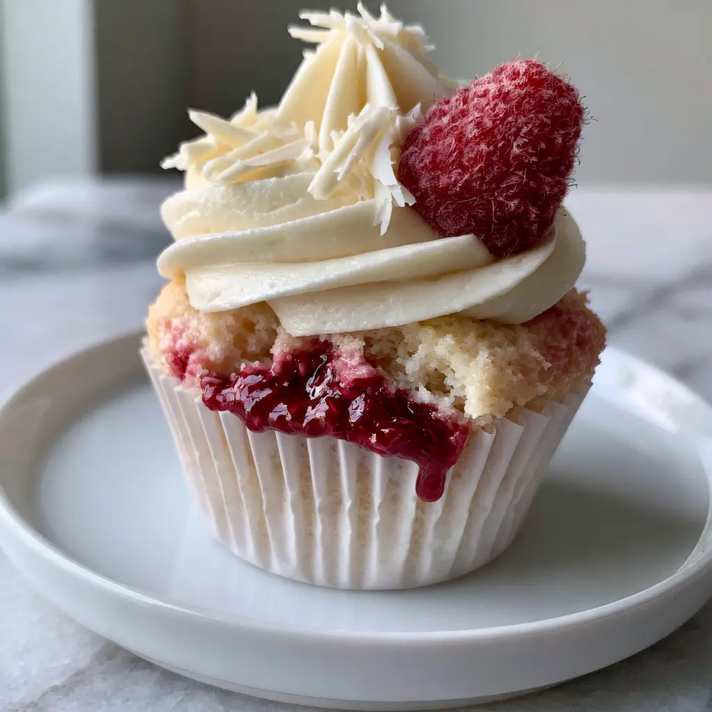 A tray of raspberry white chocolate cupcakes on a white marble surface, showing high-piped ivory frosting and fresh berry garnish.
