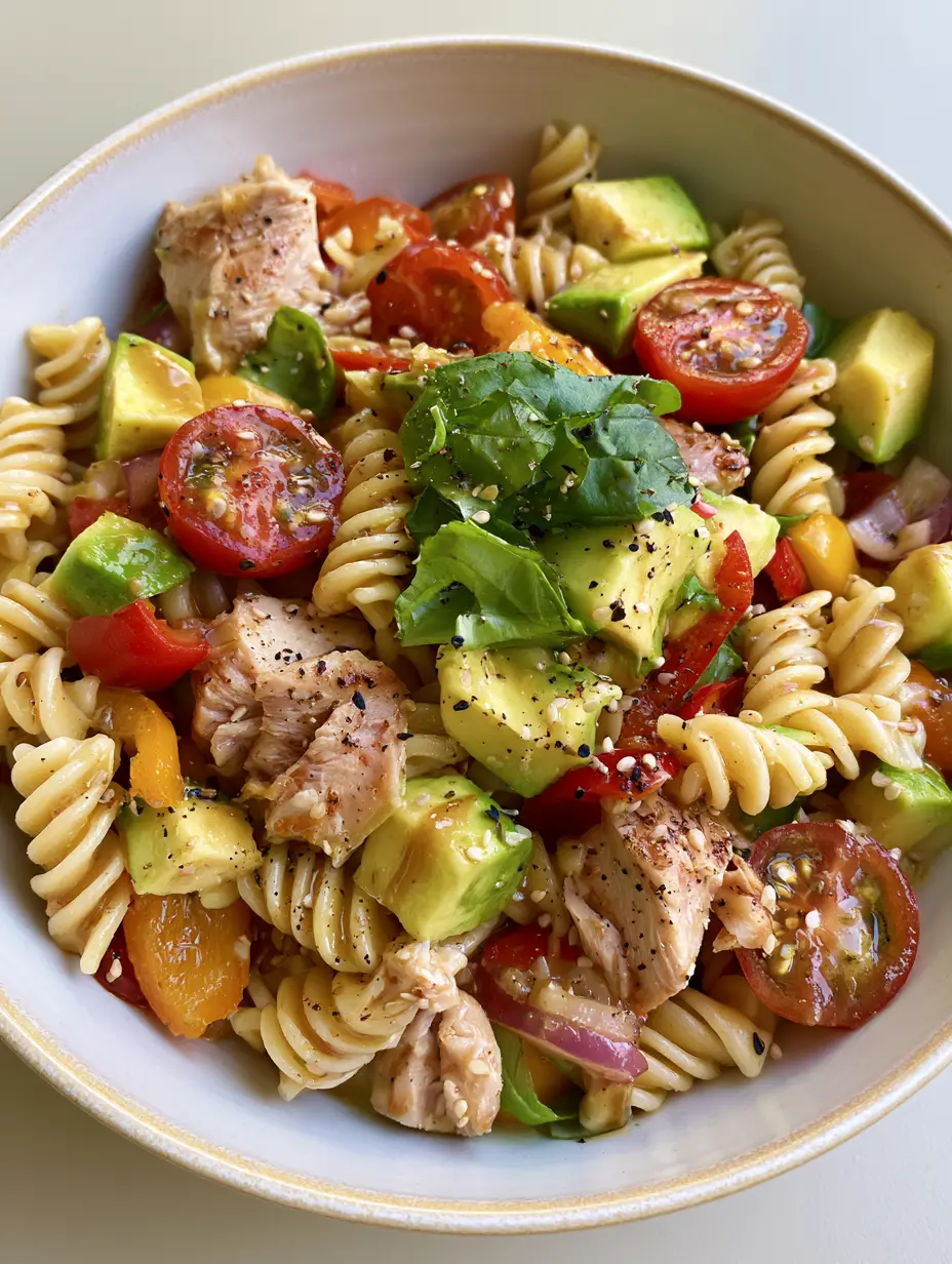 Close-up of al dente rotini pasta with seared chicken and glossy herb vinaigrette for a Black Tie Wedding inspired meal.