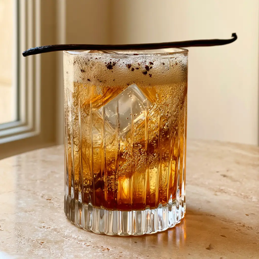 A side view showing the golden amber layers of the vanilla bourbon cream soda.