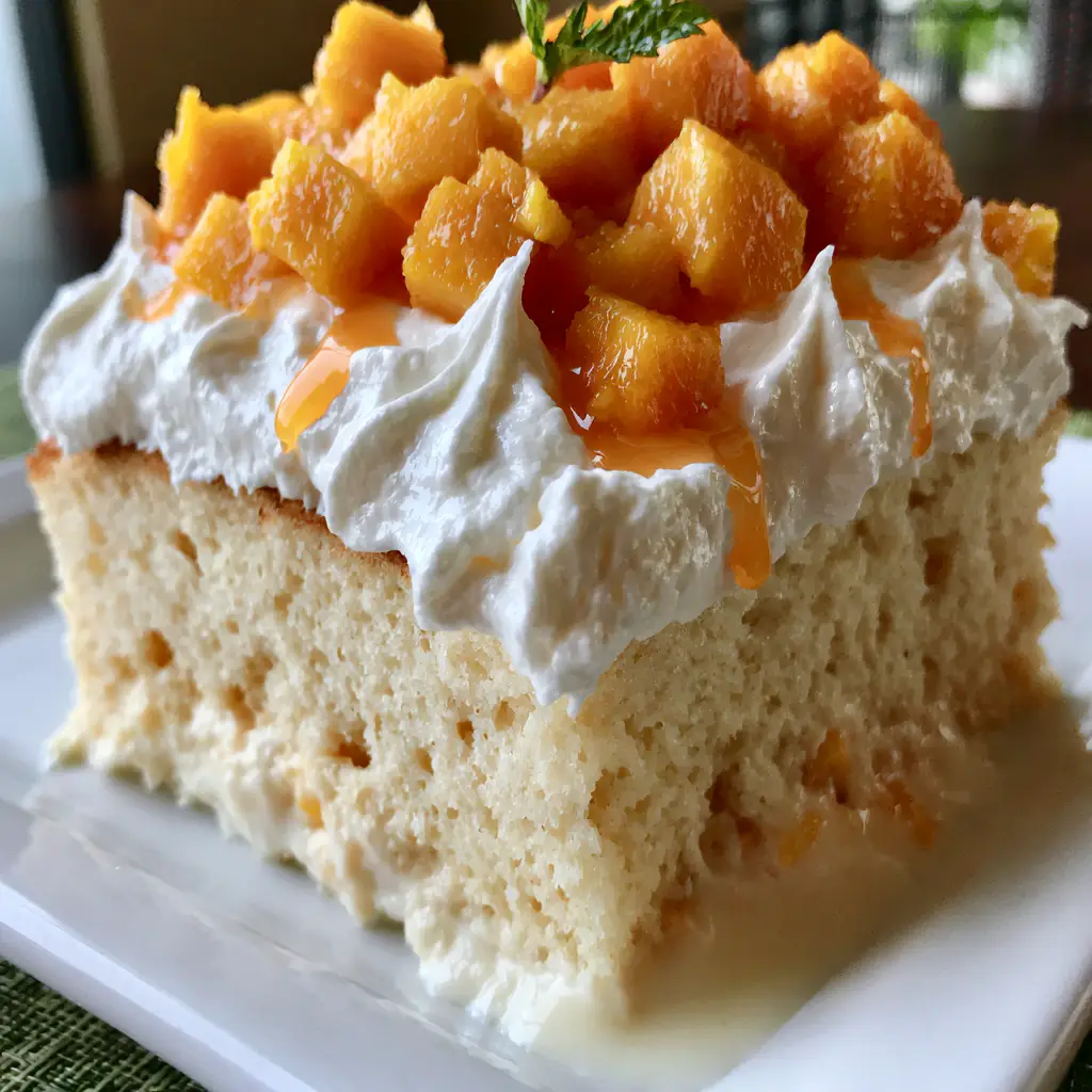 A thick slice of butter pecan tres leches cake featuring a 1-inch thick layer of whipped cream and glossy toasted pecans.