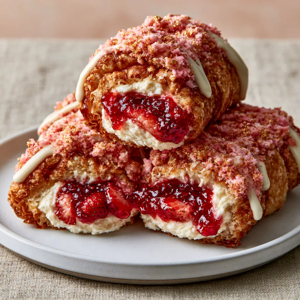 Overhead view of Strawberry shortcake cheesecake rolls on a white ceramic plate with morning side-light.