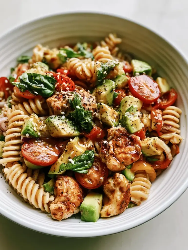 Vibrant cherry tomatoes, sweet mini peppers, and red onion mixed into a Black Tie Wedding chicken pasta salad.