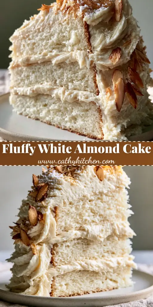 A tall slice of White Almond Cake with three layers of moist white sponge and silky almond buttercream, topped with toasted sliced almonds on a matte beige plate.