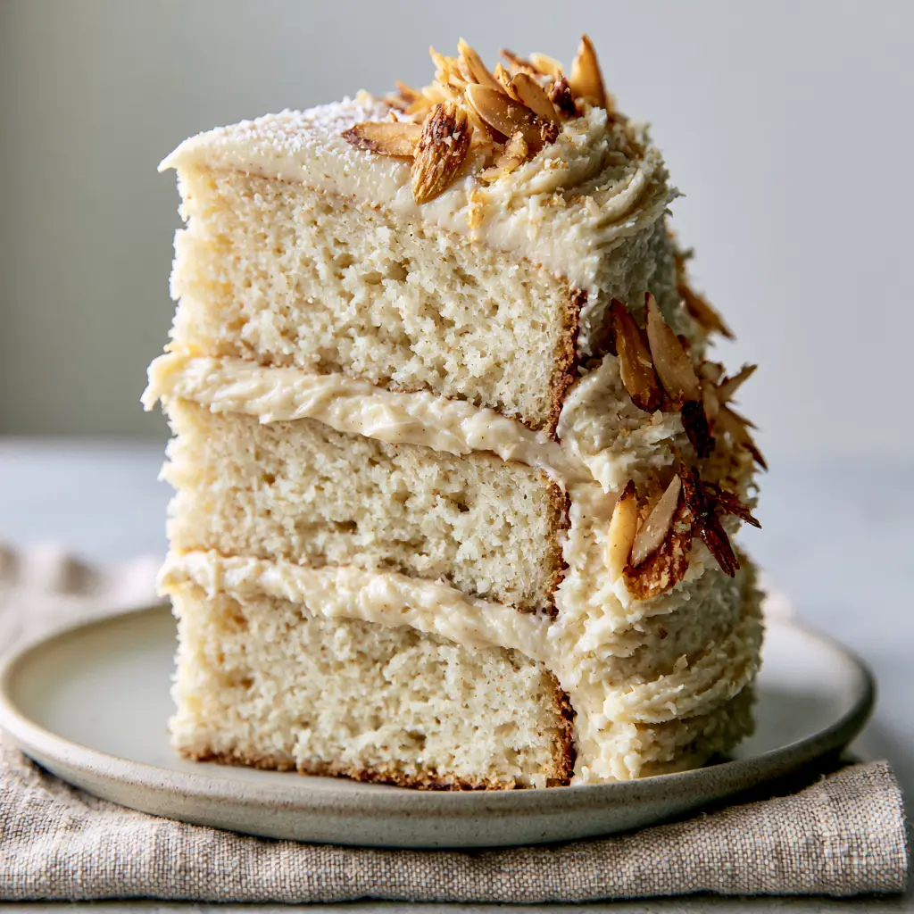 Side view of a tall three-layer White Almond Cake slice with rustic buttercream swirls and golden toasted almonds.