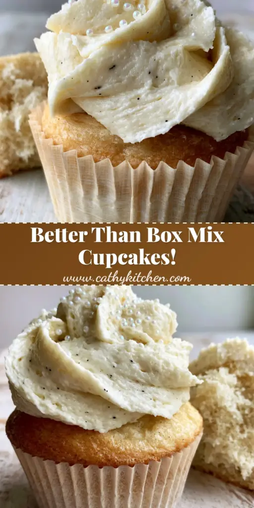 A massive high-definition cloud-like swirl of vanilla buttercream on a golden-brown Vanilla Cupcake Recipe with vanilla bean flecks and sugar pearls.