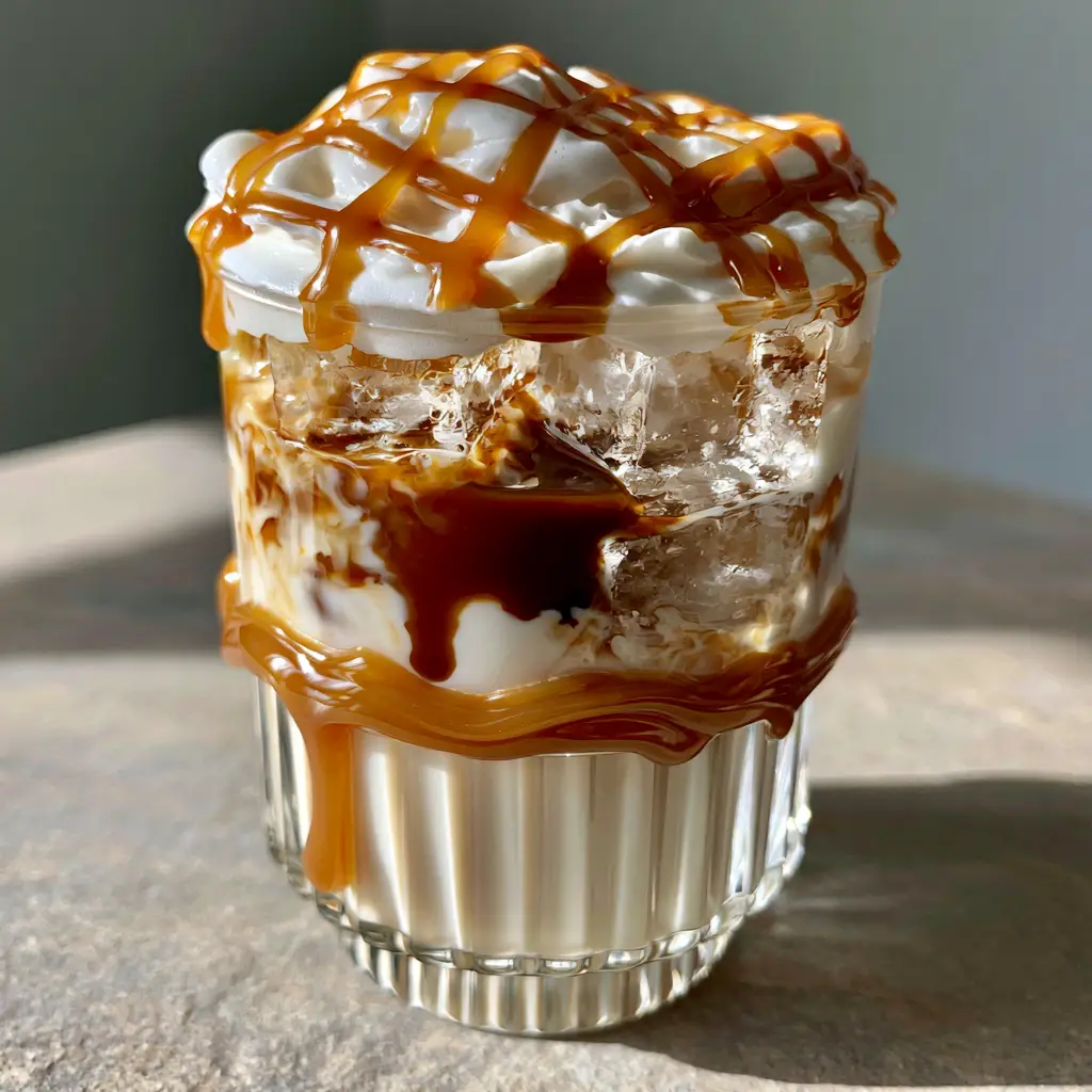 A handheld smartphone photo showing the rich coffee flavors and caramel walls of an iced macchiato on a stone counter.