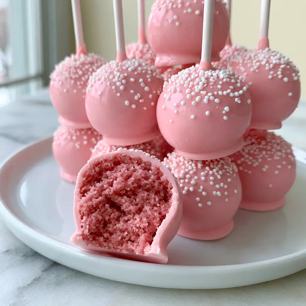 A bitten Starbucks Cake Pop revealing the ultra-moist pink doughy cake crumb center.