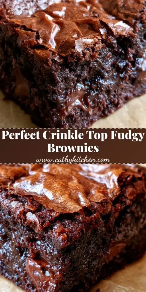 A close-up vertical shot of a fudgy chocolate brownie square with a papery crinkled top and flaky sea salt on parchment paper.