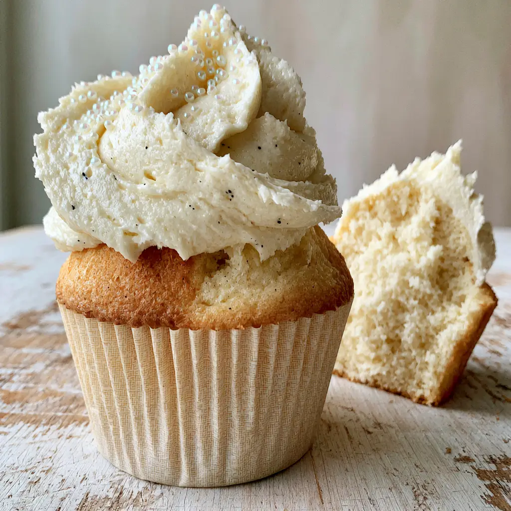 Half-sliced vanilla cupcake showing a moist and fluffy cake crumb next to a fully frosted cupcake.