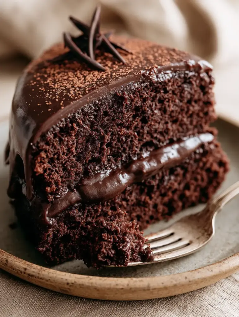 Vertical view of a double chocolate layer cake with velvety fudge filling and dark chocolate curls.