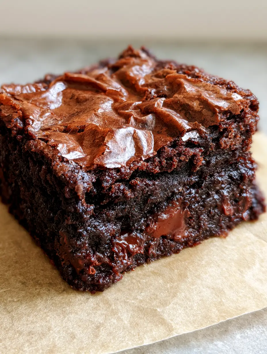 Extreme macro smartphone photo of a single thick fudgy chocolate brownie showing the papery shiny crinkled top and gooey dark center.