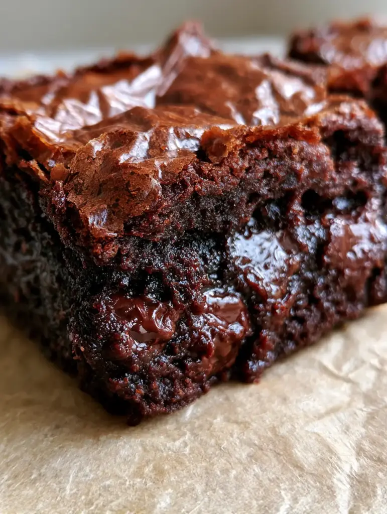 Macro view of melting pockets of dark chocolate chunks inside a moist fudgy chocolate brownie square.