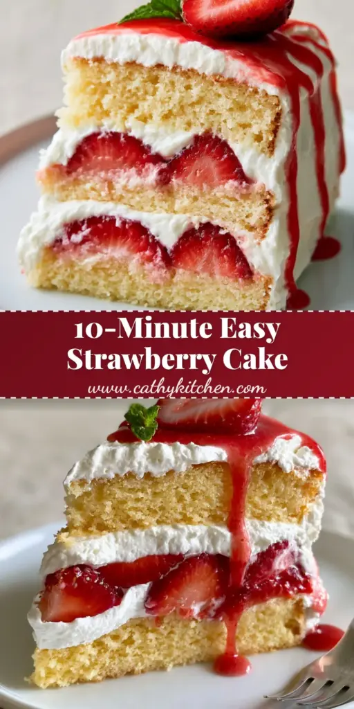 A close-up vertical shot of a three-layer Strawberry Cream Cake with white frosting, fresh strawberry slices, and a glossy red glaze drip.