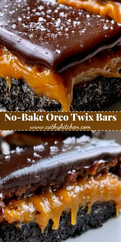 A tall, vertical shot of sliced Oreo Twix bars showing the dark-black Oreo crust and dripping golden caramel.
