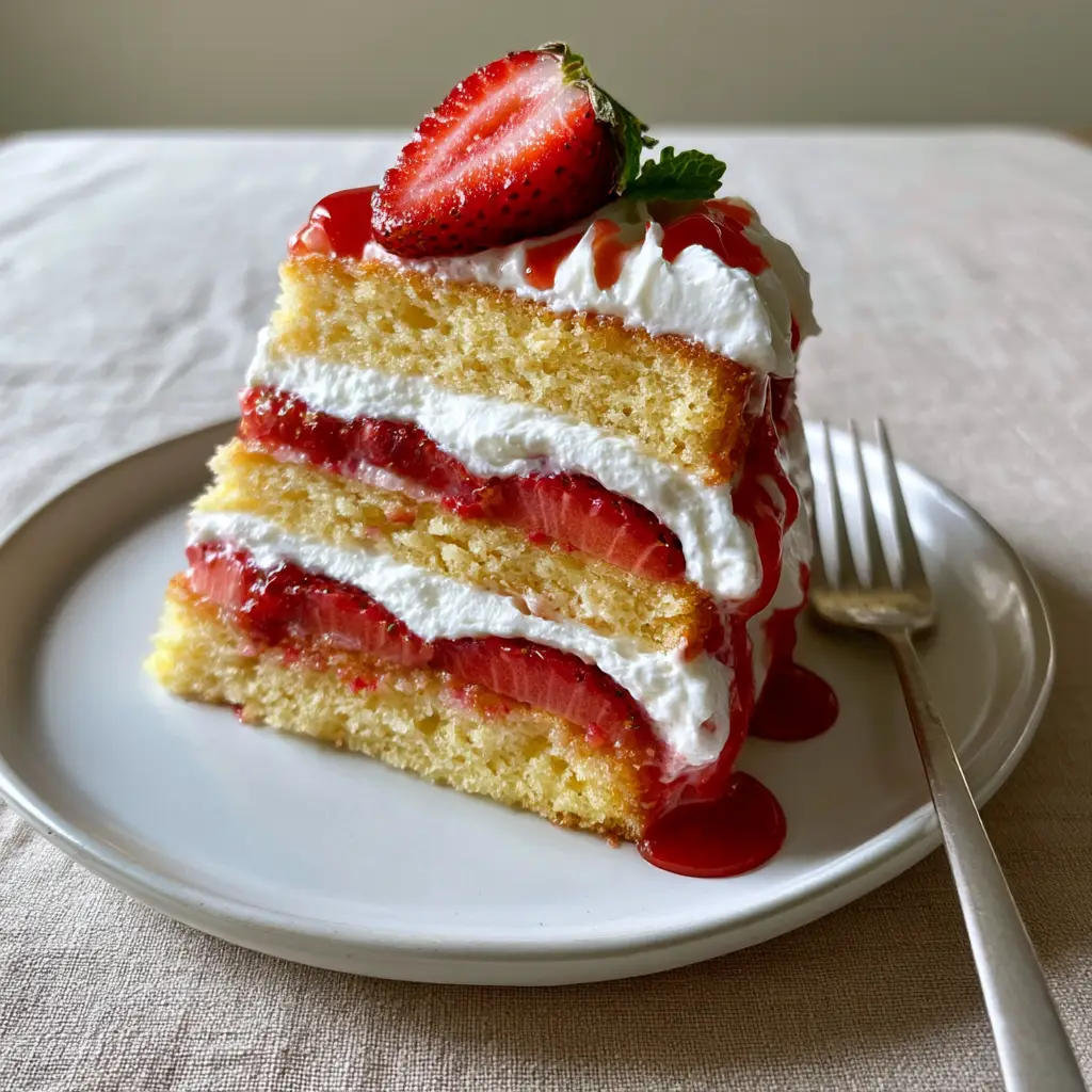 A side view of the Strawberry Cream Cake showing the glossy red strawberry glaze dripping down the side of the whipped cream frosting.
