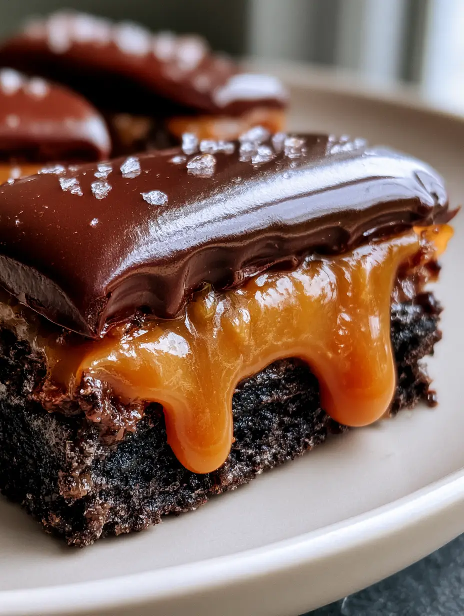 Extreme close-up of a sliced Oreo Twix bar showing the glossy ganache and gooey caramel texture.