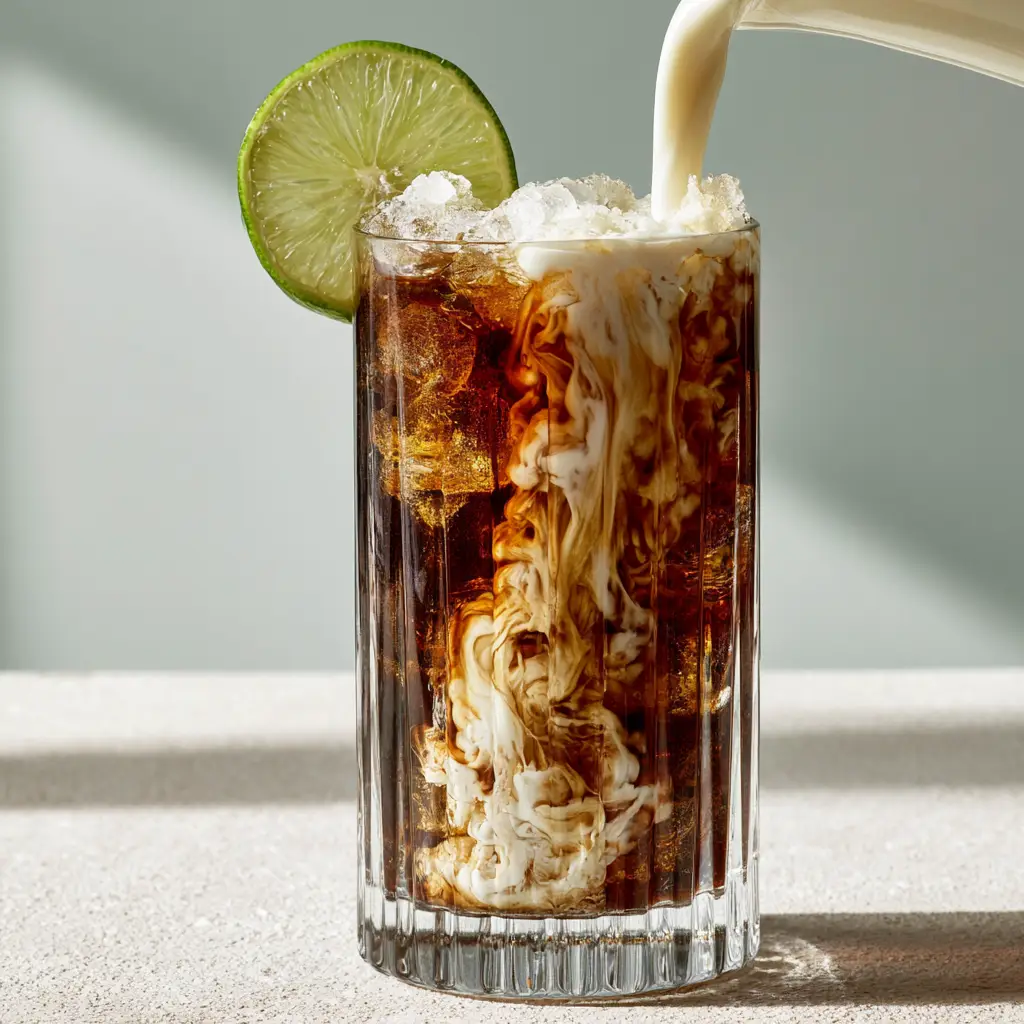 A handheld photo showing a satisfying pour of heavy cream into a glass of cola and ice at a Soda bar.