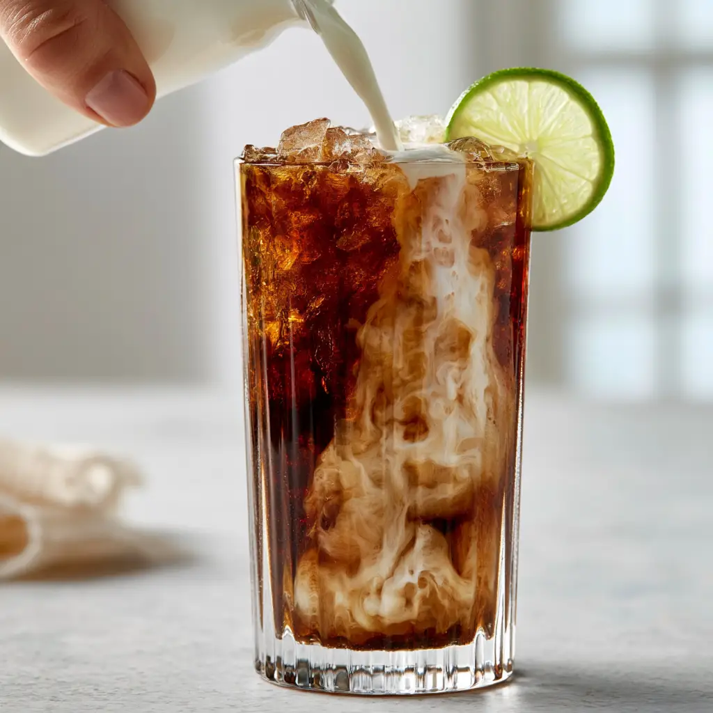 Close up of a dirty soda with white cream swirls and a fresh lime wheel garnish.