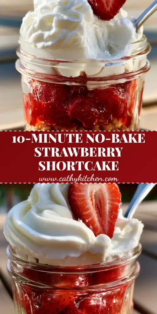 A vertical shot of a Strawberry Shortcake in a Jar with layered buttery shortbread, macerated strawberries, and billowy chantilly cream topped with mint.