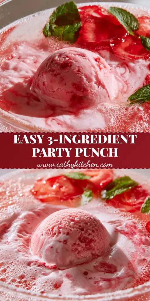 A bubbling pink Non-Alcoholic Party Punch in a sugar-rimmed bowl with raspberry sherbet, strawberries, and mint.