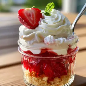 Side-angle close-up of Strawberry Shortcake in a Jar showing ruby syrup dripping through shortbread crumbles.