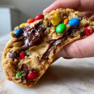 Close-up handheld photo of a warm mini m&m chocolate chip cookie being pulled apart to show the gooey dough.