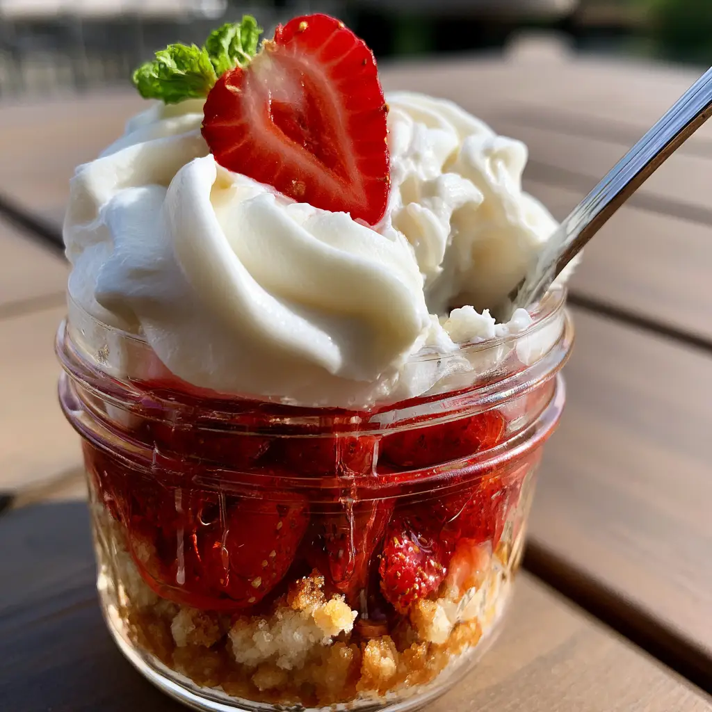A silver spoon taking a bite out of the thick chantilly cream on top of a Strawberry Shortcake in a Jar.