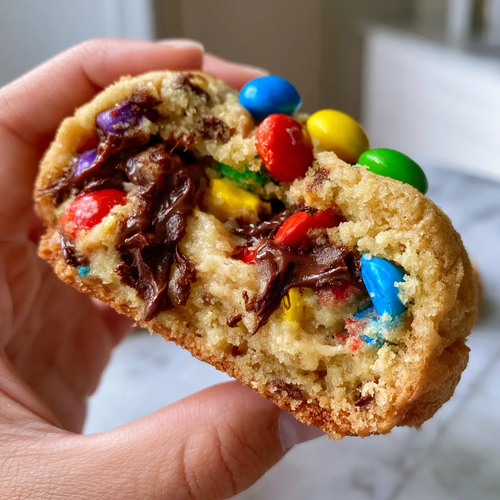 Freshly baked mini m&m chocolate chip cookies on a marble surface with dark chocolate pools and colorful candies.