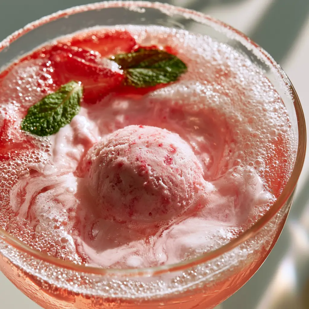 Sparkling pink punch with carbonated bubbles, fresh strawberries, and a delicate sugar rim.