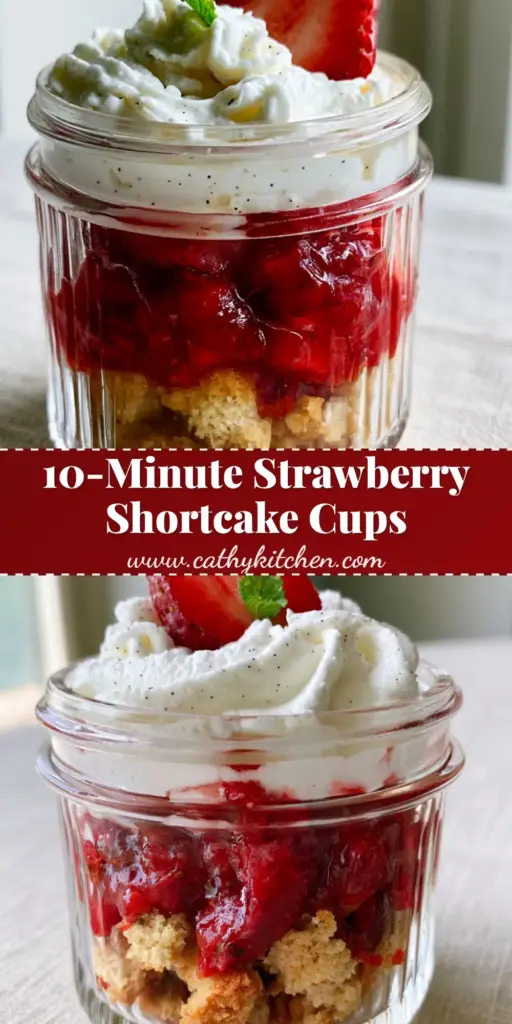 A handheld artisanal strawberry shortcake dessert jar featuring layers of golden shortbread, red strawberries, and vanilla bean cream. (strawberry shortcake)