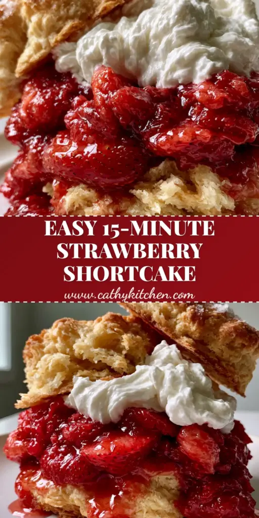 A close-up shot of a tall biscuit strawberry shortcake featuring a golden-brown drop biscuit split in half with ruby-red macerated strawberries and thick white whipped cream.