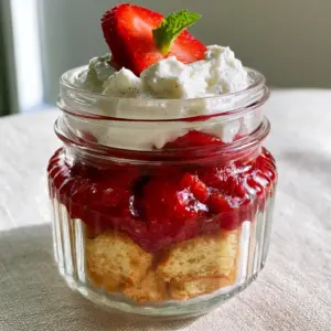 Close up of clear ribbed glass jar with layered strawberry shortcake and fresh mint garnish. (strawberry shortcake)