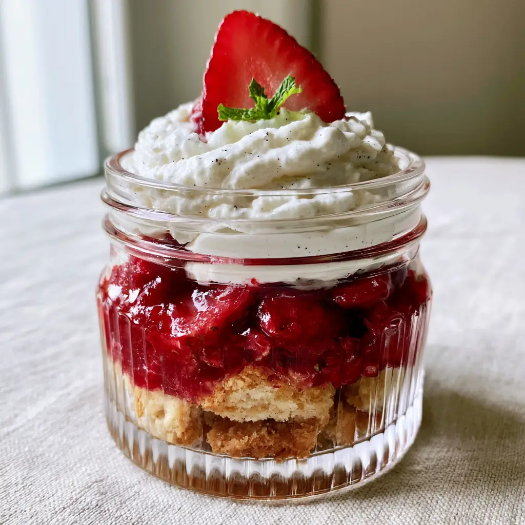 Artisanal strawberry shortcake served on a linen tablecloth in soft natural daylight.