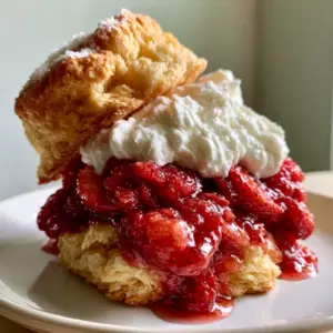 Close-up of a biscuit strawberry shortcake showing the craggy, flaky interior of the drop biscuit and billowy whipped cream.