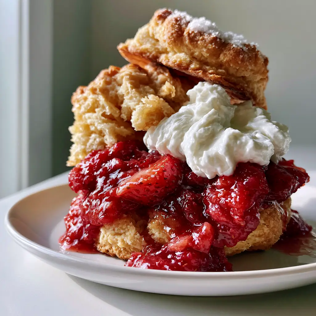 A side view of the biscuit strawberry shortcake highlighting the glossy strawberry syrup soaking into the golden-brown biscuit base.