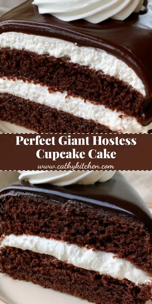 A giant Hostess cupcake cake slice showing three perfect layers of dark chocolate sponge and white marshmallow filling. (hostess cupcake cake)