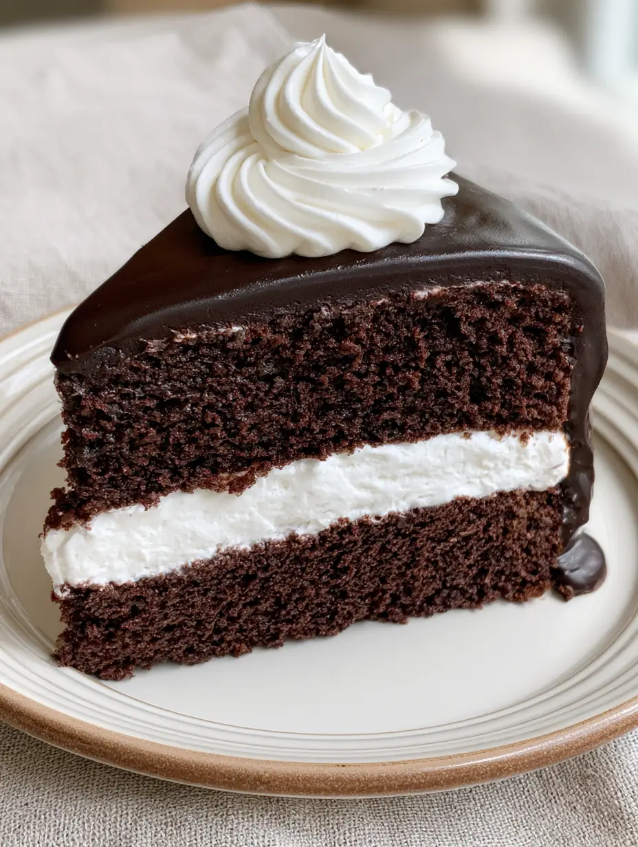 Thick slice of hostess cupcake cake with glossy dark chocolate glaze and white royal icing swirl.