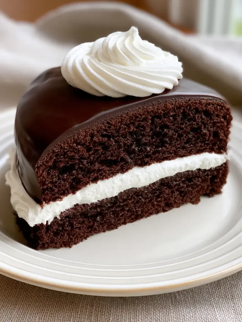 Extreme close up of the dense dark chocolate sponge and fluffy marshmallow cream of the hostess cupcake cake.