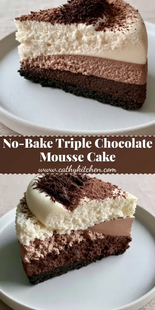 A single slice of Triple Chocolate Mousse Cake with razor-sharp layers of dark, milk, and white chocolate on a matte white plate.