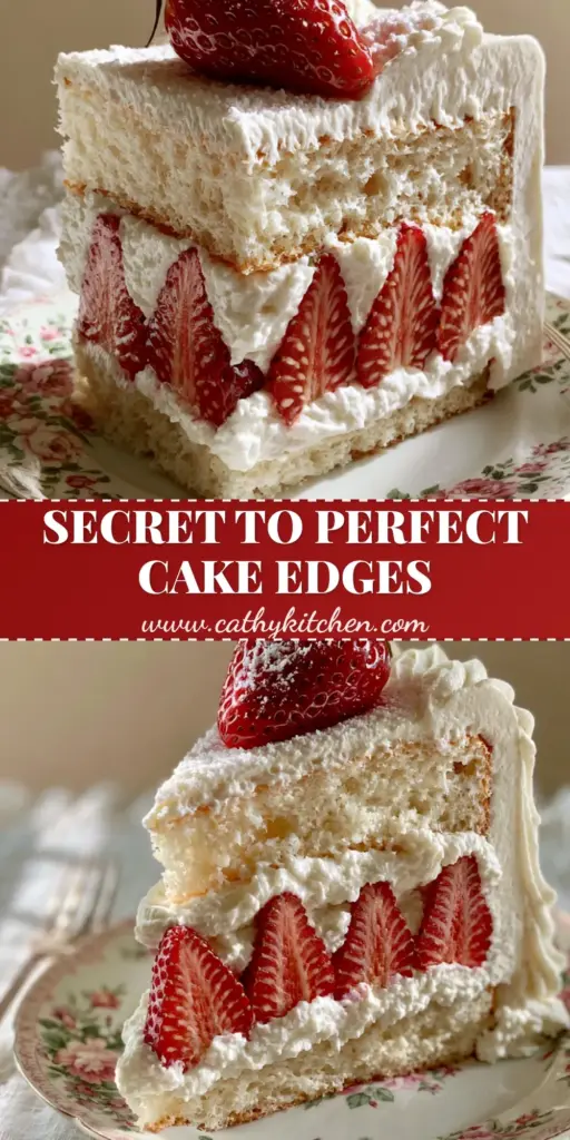 A tall slice of aesthetic strawberry cake with vertical strawberry halves and snowy whipped cream on a vintage plate.