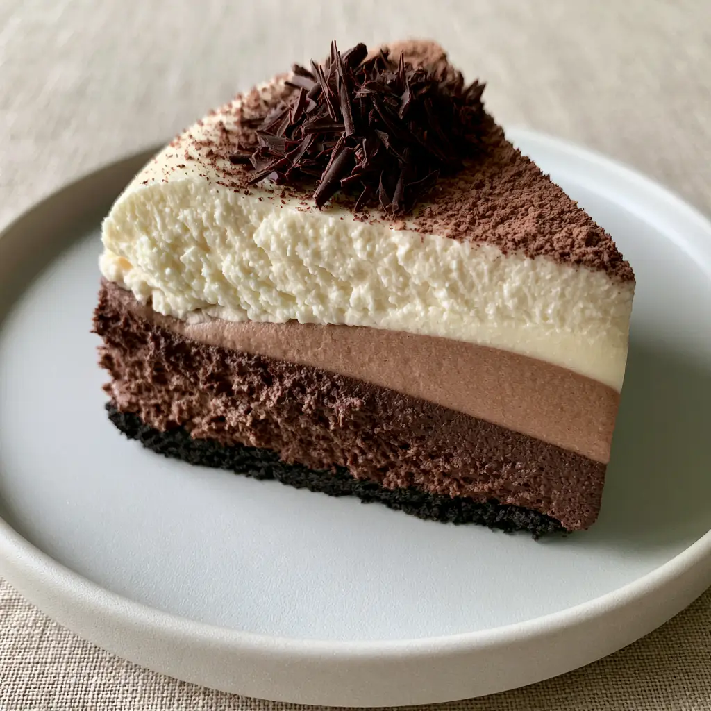 Side view of a Triple Chocolate Mousse Cake slice highlighting the dark chocolate cookie crust and velvet textures.