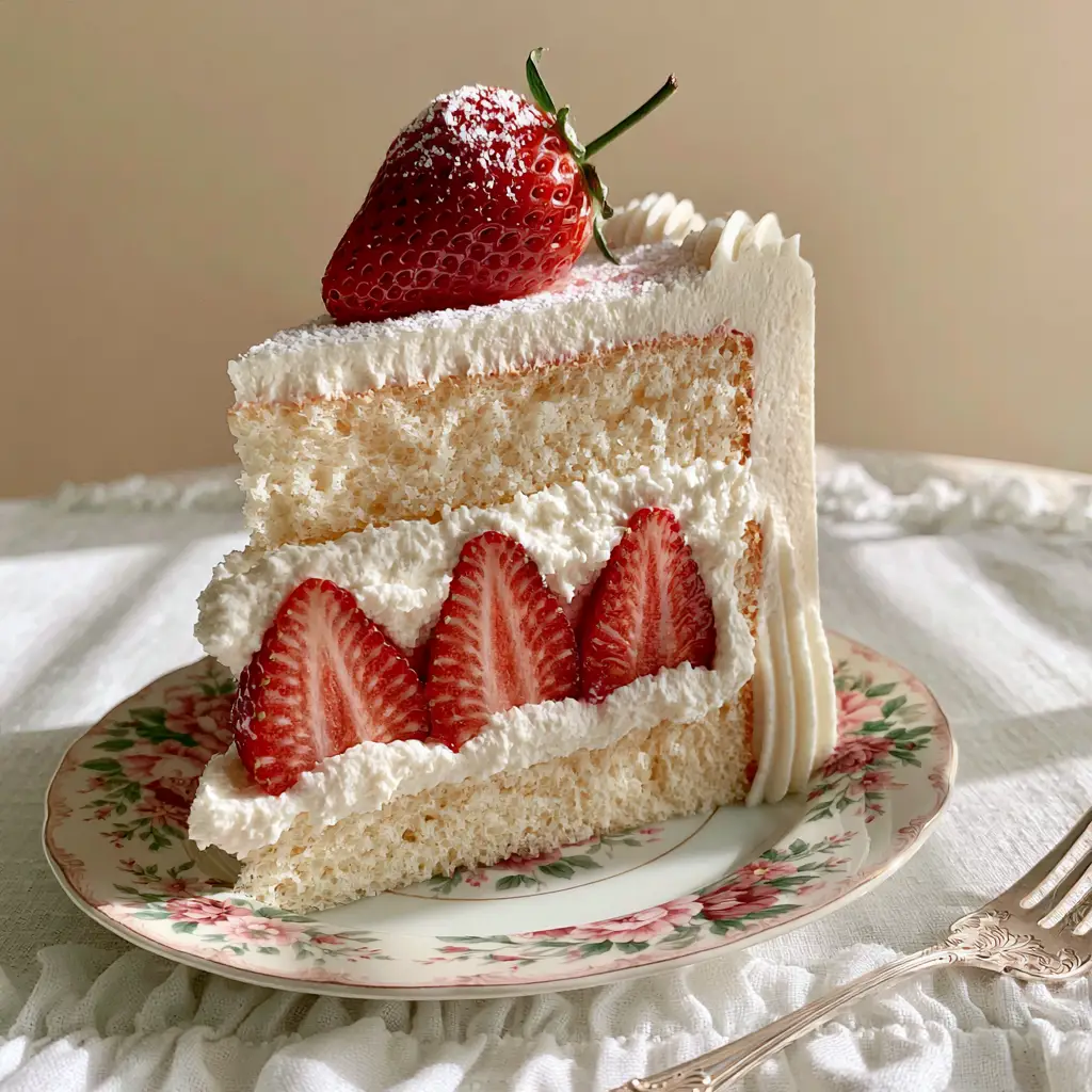 Professional close-up of a Korean strawberry shortcake slice showing 90-degree edges and pale chiffon sponge layers.