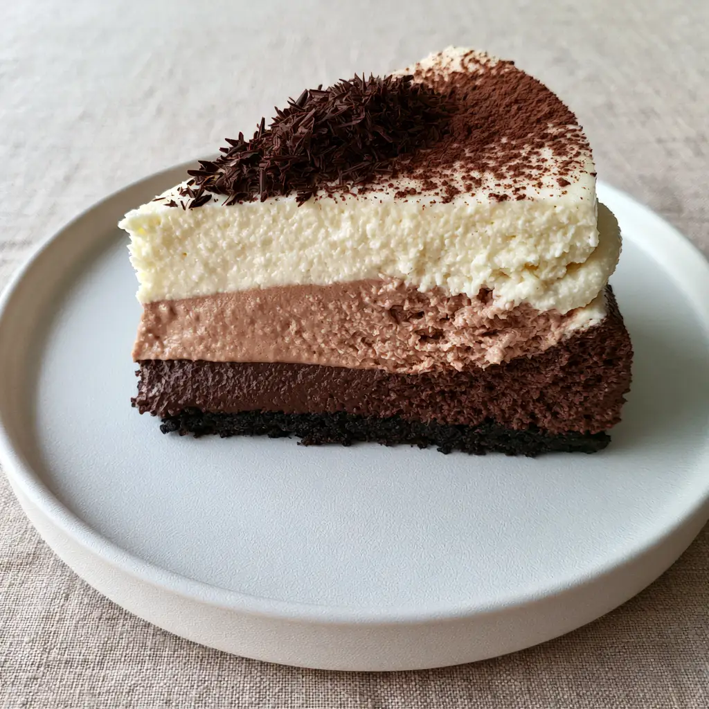 Close up of Triple Chocolate Mousse Cake topped with cocoa powder and dark chocolate shavings on a beige linen surface.