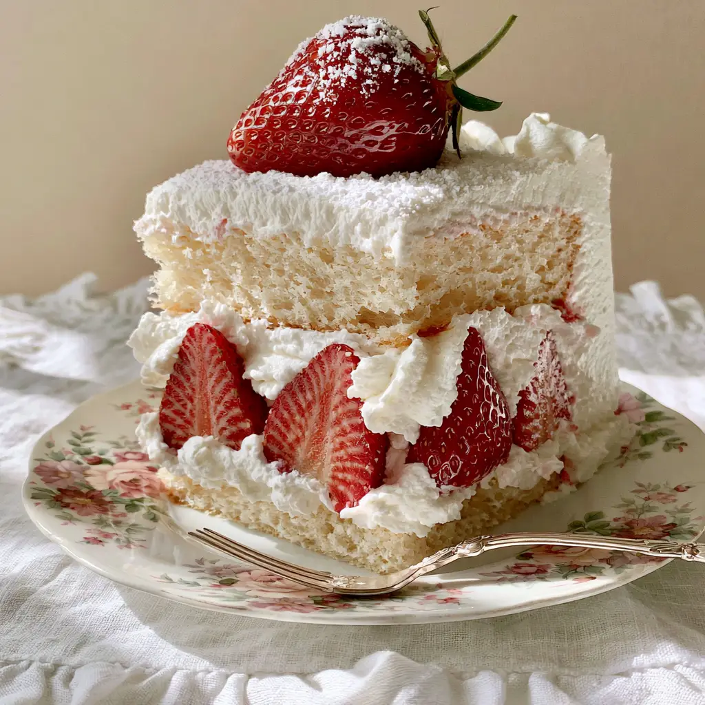Aesthetic strawberry cake slice garnished with a glossy whole strawberry and powdered sugar on a ruffled linen tablecloth.