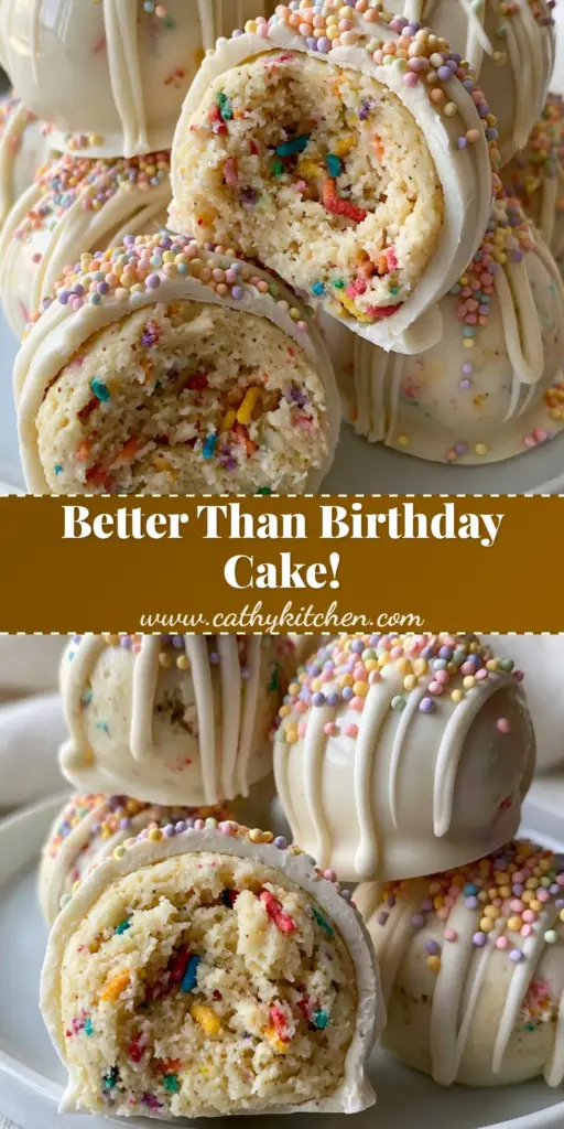 A stack of glossy white chocolate funfetti cake batter truffles on a white plate, perfect for Birthday Dessert Ideas.